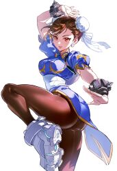 1girl ass boots bracelet breasts brown_hair bun_cover capcom china_dress chinese_clothes chun-li double_bun dress earrings fighting_stance hair_bun highres jewelry juno_(overwatch) large_breasts looking_at_viewer overwatch pantyhose pelvic_curtain red_eyes road_233 short_hair solo spiked_bracelet spikes street_fighter street_fighter_6 studded_bracelet thick_thighs thighs unitard white_boots