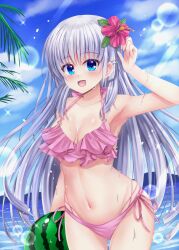 1girl :d =_hair_ornament alternate_costume armpits bare_shoulders bikini blue_eyes blunt_ends blush breasts breasts_apart collarbone commentary_request curvy day eyelashes floating_hair flower food frilled_bikini frills fruit hair_between_eyes hair_flower hair_ornament hairclip halterneck hand_up happy highres long_hair looking_at_viewer medium_breasts minatoto multi-strapped_bikini_bottom naruse_shiroha navel o-ring o-ring_bikini o-ring_top ocean open_mouth outdoors pink_bikini pink_flower side-tie_bikini_bottom sidelocks smile solo stomach straight_hair summer_pockets sunlight swimsuit very_long_hair watermelon wet white_hair