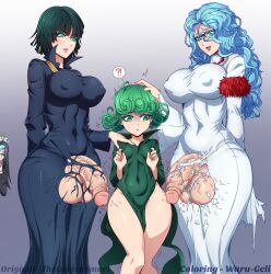 2futa 2girls ahoge breasts covered_erect_nipples curvy erection flaccid fubuki_(one-punch_man) futanari glasses green_hair group_sex highres imminent_penetration imminent_rape incest large_breasts large_penis large_testicles multiple_futa multiple_girls one-punch_man pantylines penis penis_awe petite psykos sansetsukon_no_lily scared shortstack siblings sisters size_difference skin_tight small_breasts surprised tatsumaki testicles the_golden_smurf thick_thighs thighs threesome uncensored veins veiny_penis waru-geli wide_hips