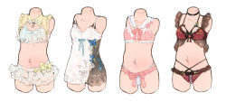 4girls bikini bikini_skirt black_choker blue_ribbon bra breasts choker cropped_arms cropped_legs headless ikeuchi_tanuma lingerie multiple_girls nightgown original panties pink_bikini red_bra red_panties ribbon sailor_collar simple_background small_breasts swimsuit torso underwear underwear_only white_background white_bikini white_sailor_collar