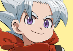 1boy black_vest commentary_request doofuf dragon_quest dragon_quest_builders_2 looking_at_viewer male_builder_(dqb2) male_focus neckerchief portrait purple_eyes red_neckerchief shirt short_hair smile solo spiked_hair vest white_hair white_shirt yellow_background