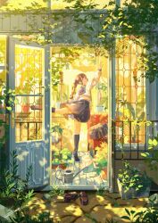1girl ascot atelier_umiyury bag black_hair black_socks blue_sailor_collar blue_skirt blunt_bangs cat chair dappled_sunlight expressionless flower grass greenhouse highres long_hair long_sleeves looking_at_viewer looking_back mary_janes open_door original plant pleated_skirt ponytail potted_plant reaching red_ascot sailor_collar school_uniform serafuku shoes sidelocks skirt socks solo standing standing_on_one_leg sunlight unworn_shoes watering_can wavy_hair white_cat window