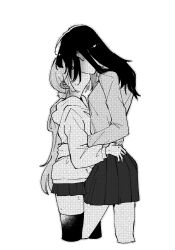 2girls chabo_(starchabo) commentary_request greyscale hand_on_another&#039;s_waist highres hood hoodie kiss leg_between_thighs long_sleeves monochrome multiple_girls original pleated_skirt ponytail school_uniform shirt skirt sweat thighhighs yuri