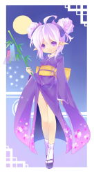 1girl ahoge bamboo double_bun female_focus full_body full_moon hair_bun highres japanese_clothes kimono looking_at_viewer mofetousu_furuna moon obi original pink_hair pointy_ears purple_eyes saru sash smile solo tanzaku