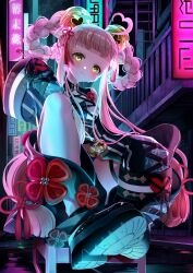 1girl absurdres ahoge bare_shoulders bell black_boots blush boots braid braided_hair_rings breasts detached_sleeves full_body hair_ornament hair_rings highres jingle_bell long_sleeves looking_at_viewer neon_sign original outdoors pink_hair shagaihi single_thighhigh sitting small_breasts solo spread_legs thick_eyebrows thigh_strap thighhighs wide_sleeves yellow_eyes