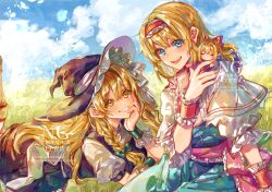 2girls alice_margatroid ayatsuki_sugure black_hat black_skirt black_vest blue_dress blue_eyes blue_sky braid capelet cloud cloudy_sky day doll dress frilled_hairband frills grin hairband hat highres kirisame_marisa long_hair meadow multiple_girls open_mouth outdoors red_hairband shirt side_braid skirt sky smile touhou vest white_capelet white_shirt witch_hat yellow_eyes