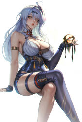 1girl ahoge armlet asymmetrical_gloves bare_shoulders black_gloves black_shorts black_thighhighs breasts chromatic_aberration closed_mouth commentary crossed_legs feet_out_of_frame fingerless_gloves gloves hair_ornament hand_up high-waist_shorts highres invisible_chair jewelry large_breasts light_blush long_hair mole mole_on_chest no_jacket orb shirt shirt_tucked_in shorts simple_background single_thighhigh sitting solo thigh_strap thighhighs thighs uneven_gloves white_background white_hair white_shirt wo_jiushi_kanbudong yellow_eyes yi_xuan_(zenless_zone_zero) zenless_zone_zero