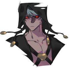 1boy black_hood black_jacket black_sclera blackveil_jo chest_harness closed_mouth collarbone colored_sclera commentary_request cropped_torso grey_hair harness hood hood_up jacket jojo_no_kimyou_na_bouken looking_at_viewer male_focus open_clothes open_jacket pectorals red_eyes risotto_nero short_hair solo vento_aureo white_background