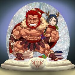 2boys abs antlers bara beard biceps black_hair cape closed_eyes closed_mouth commentary_request facial_hair facing_viewer fake_antlers fate/zero fate_(series) fur-trimmed_cape fur_trim gas_heckman grin hand_on_own_hip hat holding holding_sack horns in_snow_globe iskandar_(fate) looking_at_another lying male_focus multiple_boys muscular muscular_male on_back pectorals red_cape red_hair reindeer_antlers sack santa_hat smile sweatdrop waver_velvet