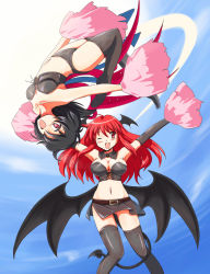 2girls ;d alternate_costume asymmetrical_wings bat_wings belt black_gloves black_hair black_legwear black_panties blush breasts bustier cheerleader cleavage corsage demon_tail detached_collar elbow_gloves female_focus flx gloves head_wings highres houjuu_nue koakuma large_breasts midriff multiple_girls navel one_eye_closed open_mouth outstretched_arms panties pom_pom_(cheerleading) red_eyes red_hair skirt smile spread_arms tail embodiment_of_scarlet_devil thighhighs touhou underwear upside-down wings wink zettai_ryouiki