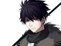 1boy black_hair black_shirt character_request closed_mouth commentary_request copyright_name copyright_request expressionless hair_between_eyes looking_at_viewer male_focus polearm red_eyes sanpaku shirt short_hair solo turtleneck upper_body weapon white_background yi_(826805607)