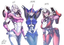 3girls arcee armpits arms_behind_head black_sclera blue_eyes colored_sclera commentary dated english_commentary head_tilt highres leaning_forward looking_at_viewer mecha mecha_focus multiple_girls multiple_persona ongget1 piston signature smile transformers transformers:_generation_1 transformers:_rise_of_the_beasts transformers_(live_action) transformers_prime v white_background white_eyes