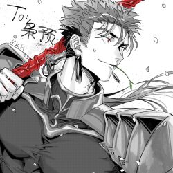 1boy armor closed_mouth cu_chulainn_(fate) cu_chulainn_(fate/stay_night) earrings fate/stay_night fate_(series) floating_hair gae_bolg_(fate) highres holding holding_polearm holding_weapon inch2814 jewelry long_hair male_focus muscular muscular_male pauldrons pectorals petals polearm ponytail red_eyes shoulder_armor simple_background skin_tight smile solo spiked_hair weapon white_background