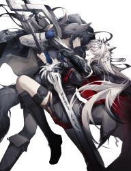 Rule 34 | 2girls, absurdres, ankoro mochi, arknights, black boots, black dress, black gloves, black hair, black jacket, black vest, blue gloves, blue necktie, boots, cape, dress, gloves, grabbing another&#039;s arm, grey hair, highres, holding, holding sword, holding weapon, jacket, lappland (arknights), lappland the decadenza (arknights), long hair, long sleeves, looking at another, multiple girls, necktie, open mouth, scar, scar across eye, scar on face, shirt, simple background, sword, tail, texas (arknights), texas the omertosa (arknights), two-sided cape, two-sided fabric, vest, weapon, white background, white shirt, wolf, wolf girl, wolf tail