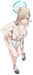 1girl absurdres apron ass asuna_(blue_archive) bare_shoulders black_shoes blonde_hair blue_archive blue_eyes blue_halo blush bow breasts cleavage collarbone eyes_visible_through_hair frilled_apron frills full_body grin groin hair_ornament hair_over_one_eye hair_ribbon halo hand_on_own_hip highres large_breasts long_hair looking_at_viewer maid_apron mole mole_on_breast murabito_c naked_apron ribbon shoes sideboob simple_background smile solo standing thighs very_long_hair white_apron white_background