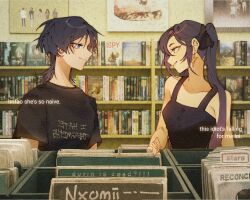 1boy 1girl black_hair dvd_case earrings english_text genshin_impact green_eyes hair_ribbon jewelry long_hair mona_(genshin_impact) movie_reference nxomii_herx purple_eyes purple_hair record_jacket ribbon scaramouche_(genshin_impact) shop star_(symbol) star_earrings twintails vinyl_record