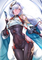 1girl aqua_nails black_bodysuit black_gloves blue_eyes blue_hair blush bodysuit breasts card covered_navel feet_out_of_frame fingerless_gloves genshin_impact gloves hair_ornament hashtag-only_commentary highres holding holding_card katrinabluuuuu long_hair long_sleeves looking_at_viewer medium_breasts nail_polish open_mouth parted_lips shenhe_(genshin_impact) simple_background solo standing