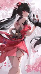 1girl black_choker black_gloves black_hair black_sash butterfly-shaped_pupils cherry_blossoms choker cowboy_shot criss-cross_halter dress flower_tattoo fox_mask gloves halterneck highres holding holding_mask honkai:_star_rail honkai_(series) japanese_clothes long_hair mark_under_both_eyes mask nagalis red_dress red_eyes red_sleeves sash single_glove smile sparkle_(honkai:_star_rail) symbol-shaped_pupils tattoo twintails