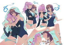 Rule 34 | 5girls, absurdres, aoi erika, bikini, blue fire, blush, breasts, brown hair, byakko (heaven burns red), drill hair, eyepatch, face-to-face, fire, glasses, green bikini, green eyes, heaven burns red, highres, higuchi seika, hiiragi kozue, hug, hug from behind, jacket, kjhg1108, locked arms, long sleeves, medium breasts, medium hair, minase ichigo, minase sumomo, multiple girls, official alternate costume, official alternate hairstyle, one eye covered, ponytail, purple eyes, purple hair, school swimsuit, swimsuit, swimsuit under clothes, team 31b (heaven burns red), twin drills, yuri