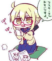 1girl ahoge artoria_pendragon_(fate) bag steamed_bun blonde_hair blue_sailor_collar blue_serafuku blue_shirt blue_skirt blush braid brown_cardigan brown_eyes cardigan chibi commentary_request cushion eating fate/grand_order fate_(series) food full_body glasses hair_between_eyes hair_bun holding holding_food kasuga_yuuki long_sleeves looking_at_viewer mysterious_heroine_x_alter_(fate) open_cardigan open_clothes open_mouth paper_bag pleated_skirt puffy_long_sleeves puffy_sleeves red-framed_eyewear sailor_collar school_uniform seiza semi-rimless_eyewear serafuku shirt simple_background sitting skirt sleeves_past_wrists solo translation_request under-rim_eyewear white_background zabuton