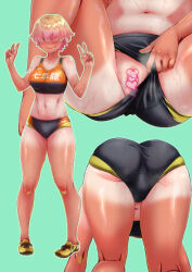 Rule 34 | 1girl, ass, bent over, blonde hair, censored, clothes pull, crop top, hair over eyes, multicolored hair, pussy, shoes, smile, steaming body, sweat, tan, track and field, track uniform, two-tone hair, underwear, underwear pull