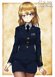 1girl alternate_costume artist_name black_necktie blonde_hair blue_jacket blue_skirt braid collared_shirt commentary_request cowboy_shot dated hair_between_eyes highres hisamatomoki jacket kantai_collection light_frown long_hair long_sleeves looking_at_viewer military_dress_uniform military_rank_insignia military_uniform naval_dress_uniform naval_uniform necktie one-hour_drawing_challenge pantyhose purple_eyes ribbon_bar shirt side_braid skirt solo wavy_hair white_shirt zara_(kancolle) zara_due_(kancolle)