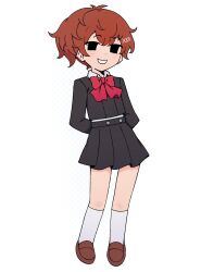 1girl :d black_eyes black_jacket black_skirt bow bowtie brown_hair brown_shoes edmonmondo full_body gekkoukan_high_school_uniform highres jacket looking_at_viewer open_mouth persona persona_3 persona_3_portable red_bow red_bowtie school_uniform shiomi_kotone shoes skirt smile socks solo white_socks