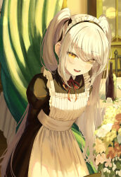 Rule 34 | 1girl, akie (44265104), apron, arms behind back, black dress, bouquet, commentary request, cowboy shot, curtains, dress, eyes visible through hair, flower, frilled apron, frills, hair between eyes, highres, indoors, juliet sleeves, leaning forward, long hair, long sleeves, looking at viewer, maid, maid headdress, neck ribbon, open mouth, original, puffy sleeves, red ribbon, ribbon, smile, solo, standing, twintails, white-haired girl (akie), white apron, white hair, yellow eyes