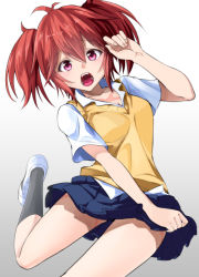 10s 1girl akuma_no_riddle blue_skirt breasts cleavage collarbone eyebrows female_focus hair_between_eyes ichinose_haru looking_at_viewer open_mouth pink_eyes pleated_skirt red_hair scar school_uniform short_hair short_twintails skirt solo twintails tyone