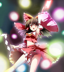 Rule 34 | 1girl, armpits, ascot, bow, brown hair, danmaku, detached sleeves, dezuko (dezuko no heya), female focus, frills, gohei, hair bow, hair tubes, hakurei reimu, haraegushi, highres, oonusa, open mouth, red eyes, solo, spell card, touhou