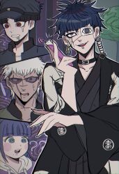 ! 1girl 3boys ? ?? animal_print black_collar black_hair black_haori blue_eyes blue_hair blue_hat blue_jacket collar commentary crying crying_with_eyes_open earrings eye_print eyepatch face_piercing fingernails getsumen_(pst_moon) grey_eyes grey_kimono haori hat highres holding holding_vial jacket japanese_clothes jewelry kimono labret_piercing looking_up male_focus maruko_gaku mojiro_moko multicolored_hair multiple_boys omokage_yugamu piercing print_eyepatch purple_hair red_eyes saliva scar scar_on_face sharp_fingernails shirt short_hair smile spider_print sunglasses sweat symbol-only_commentary tears the_hundred_line_-last_defense_academy- tinted_eyewear vial white_hair white_shirt yakushiji_takemaru yellow_eyes