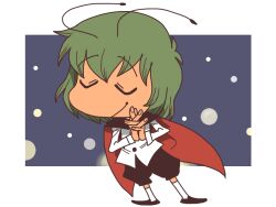 1girl antennae black_cape black_shoes black_shorts cape chibi chibi_only closed_eyes closed_mouth commentary_request fireflies full_body green_hair grey_background interlocked_fingers long_sleeves onikobe_rin own_hands_together red_cape shirt shoes short_hair shorts smile socks solo touhou two-sided_cape two-sided_fabric white_background white_shirt white_socks wriggle_nightbug