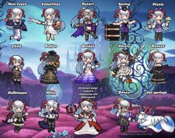 chibi child dancer devil_costume dress fire_emblem fire_emblem_heroes freyja_(fire_emblem) funeral_dress garreg_mach_monastery_uniform goat grin hand_fan harisen horns nintendo red_eyes smile wedding_dress white_dress white_hair