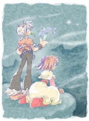 1boy 1girl 2000s_(style) acolyte_(ragnarok_online) black_pants blue_background boots bow brown_hair capelet dagger fish fox_mask full_body fur-trimmed_pants fur-trimmed_shirt fur_trim grey_hair hair_bow hasenyo holding holding_dagger holding_knife holding_weapon knife long_sleeves looking_afar mask mask_on_head pants phen_(ragnarok_online) pink_boots pink_shirt purple_bow ragnarok_online rogue_(ragnarok_online) shirt short_hair sitting skirt standing swordfish weapon white_capelet white_skirt