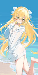1boy absurdres ass barefoot beach blonde_hair blush bow braid closed_mouth crown_braid floating_hair fuubuu green_eyes hair_between_eyes hair_bow hand_in_pocket highres hood hood_down hoodie long_hair looking_at_viewer male_focus nail_polish nijisanji ocean outdoors red_nails sand see-through_clothes sleeves_past_wrists solo standing standing_on_one_leg tongue tongue_out trap uzuki_kou v v-shaped_eyebrows virtual_youtuber water white_bow white_hoodie