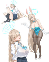 1girl ass asuna_(blue_archive) asuna_(bunny)_(blue_archive) asuna_(school_uniform)_(blue_archive) bare_shoulders black_skirt black_socks blonde_hair blue_archive blue_bow blue_bowtie blue_eyes blue_halo blue_leotard blush bow bowtie breasts choker cleavage detached_collar gloves grin hair_over_one_eye hair_ribbon halo high_heels highres large_breasts leotard long_hair looking_at_viewer loose_bowtie pantyhose ribbon s87074877 shirt shoes sitting skirt sleeves_rolled_up smile socks strapless strapless_leotard thighband_pantyhose thighs tongue tongue_out v very_long_hair white_gloves white_shirt white_shoes