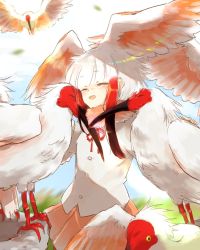 1girl ^_^ bird_tail bird_wings black_hair blush closed_eyes commentary_request creature_and_personification crested_ibis female_focus fur_collar head_wings japanese_crested_ibis_(kemono_friends) kemono_friends moeki_(moeki0329) multicolored_hair neck_ribbon nest nuzzle pantyhose personification pleated_skirt red_hair ribbon short_hair sidelocks skirt solo tail white_hair wings