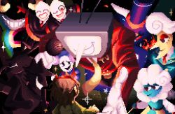 Rule 34 | 1girl, 1other, 5boys, 9aaaalt29, ant tenna, beard stubble, belt, belt buckle, blue dress, blue skin, buckle, colored skin, crt, deltarune, dress, elnina (deltarune), facial hair, gloves, highres, holding, holding microphone, jacket, kris (deltarune), lanino (deltarune), microphone, multiple boys, object head, one eye closed, pippins (deltarune), pixel art, pointy nose, ramb (deltarune), red eyes, red jacket, shadowguy (deltarune), short hair, shuttah (deltarune), smile, sparkle, stubble, teeth, white gloves, white hair, yellow skin, zapper (deltarune)