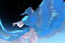 1girl bird_girl bird_tail bird_wings black_sky blue_capelet blue_hair capelet closed_eyes cowboy_shot feathered_wings final_fantasy final_fantasy_xiv from_behind head_wings highres me5750 meteion monster_girl open_mouth outstretched_arms short_hair signature sky solo spread_arms star_(sky) starry_sky tail winged_arms wings