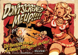 00s 1girl 2009 blonde_hair bracelet breasts cheerleader city copyright_notice cowboy_shot curvy earrings english_text engrish_text explosion eyelashes fighting full_body gyaru jewelry large_breasts lips long_hair makeup megaphone midair midriff_peek miniskirt monster movie_poster necklace open_mouth original poster_(medium) ranguage realistic revealing_clothes rockinjellybean roller_skates shirt signature skates skirt solo sweat t-shirt tan teeth thick_thighs thighs watermark wavy_hair wide_hips