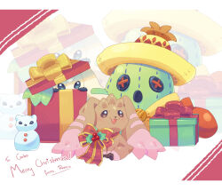 Rule 34 | christmas, digimon, digimon (creature), fang, gift, highres, horns, looking at another, lopmon, terriermon, togemon, togemon x-antibody, yukidarumon