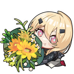 1girl andoris_(girls&#039;_frontline_2) artist_request blonde_hair bodysuit bodysuit_under_clothes bouquet chinese_commentary flower girls&#039;_frontline girls&#039;_frontline_2:_exilium hair_ornament hairclip holding holding_bouquet looking_at_viewer mole mole_under_mouth official_art pink_eyes second-party_source smile solo white_background