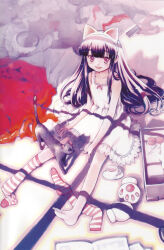 1girl :d absurdres animal_ears arima_keitarou black_cat blunt_bangs cat cat_ears clothes_on_floor color_halftone cup dress fake_animal_ears flat_chest hazuki_(tsukuyomi) highres long_hair looking_at_viewer official_art open_mouth purple_eyes purple_hair scan single_sock sitting smile socks solo striped_clothes striped_socks suitcase tea tea_set teacup teapot tsukuyomi_moonphase white_dress window_shadow