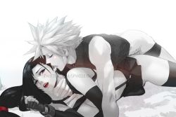 1boy 1girl bare_shoulders black_hair black_skirt black_thighhighs blush boy_on_top breasts clothes_lift cloud_strife couple detached_sleeves earrings eyelashes final_fantasy final_fantasy_vii final_fantasy_vii_remake fingerless_gloves gloves hetero highres jewelry large_breasts long_hair low-tied_long_hair lying on_stomach open_mouth red_eyes red_lips sex sex_from_behind shirt_lift skirt sleeveless sleeveless_turtleneck spiked_hair spykeee suspenders thighhighs tifa_lockhart turtleneck twitter_username watermark
