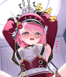 1girl @_@ anger_vein aqua_eyes armpits arms_up black_bow black_bowtie blush bow bowtie chain charlotte_(anime) charlotte_(genshin_impact) cross-laced_clothes cross-laced_sleeves detached_sleeves dress ewaaawa feathers genshin_impact gloves hat hat_feather highres indoors monocle newsboy_cap open_mouth pink_hair red_dress red_hat red_sleeves restrained shirt short_hair solo upper_body white_bow white_feathers white_gloves white_shirt
