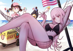 2girls absurdres ahoge alternate_costume american_flag bare_shoulders beach bikini black_bikini blonde_hair blue_sky breasts brown_hair cd_usr cleavage cloud collarbone commentary cup day death-sensei_(mori_calliope) english_commentary food gigi_murin grem_(gigi_murin) highres holding holding_food holding_ice_cream holding_popsicle hololive hololive_english hot ice_cream ice_cream_cone ice_cream_cup large_breasts long_hair looking_at_viewer mori_calliope multicolored_hair multiple_girls navel ocean outdoors palm_tree pink_eyes pink_hair popsicle popsicle_stick red_eyes sand shaved_ice short_hair sitting sky smile star_(symbol) stomach summer sunlight swimsuit tail tree twintails two-tone_hair virtual_youtuber watermelon_bar