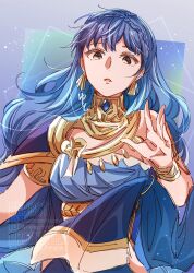 Rule 34 | 1girl, alternate costume, armlet, bare shoulders, blue dress, blue hair, bracelet, braid, breasts, brown eyes, choker jewel, crown braid, dancer, dancer (fire emblem: three houses), dress, earrings, fire emblem, fire emblem: three houses, fire emblem heroes, gem, highres, jewelry, long hair, looking at viewer, marianne von edmund, marianne von edmund (serene adherent), marianne von edmund (timeskip), medium breasts, nintendo, official alternate costume, official alternate hairstyle, open mouth, single-shoulder dress, solo, upper body, very long hair, yutohiroya