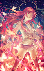 0_0 1girl 1kawa_02 ahoge bug butterfly closed_mouth dual_wielding green_eyes highres hinaichi_(kyuuketsuki_sugu_shinu) holding insect jacket kyuuketsuki_sugu_shinu long_hair long_sleeves looking_at_viewer military military_uniform pants red_eyes red_hair ribbon shorts solo sword thighhighs weapon