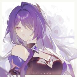 1girl absurdres acheron_(honkai:_star_rail) artist_name black_choker black_tank_top breasts choker eyes_visible_through_hair hair_intakes hair_over_one_eye highres honkai:_star_rail honkai_(series) large_breasts long_hair looking_at_viewer parted_lips purple_eyes purple_hair single_bare_shoulder solo tank_top taru_t33 upper_body
