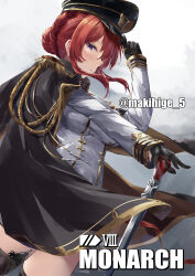 1girl absurdres artist_name azur_lane black_cape black_gloves black_hat braid breasts cape cowboy_shot crown_braid from_side gem gloves half_gloves hand_on_cane hat highres jacket large_breasts long_hair long_sleeves looking_at_viewer makihige monarch_(azur_lane) peaked_cap red_gemstone red_hair solo white_jacket world_of_warships